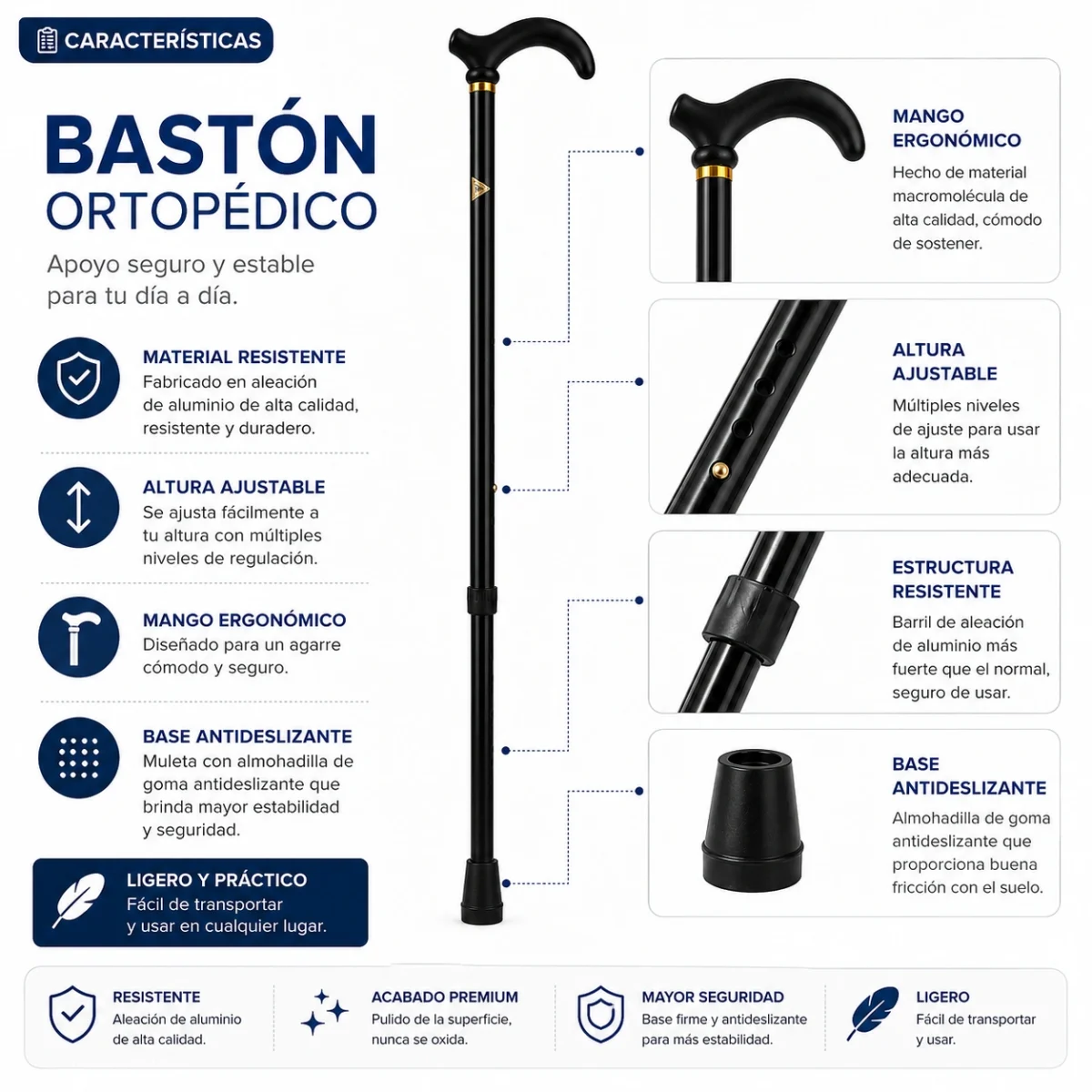 Bastón Una Punta Aluminio Mango Alemán - Imagen 5